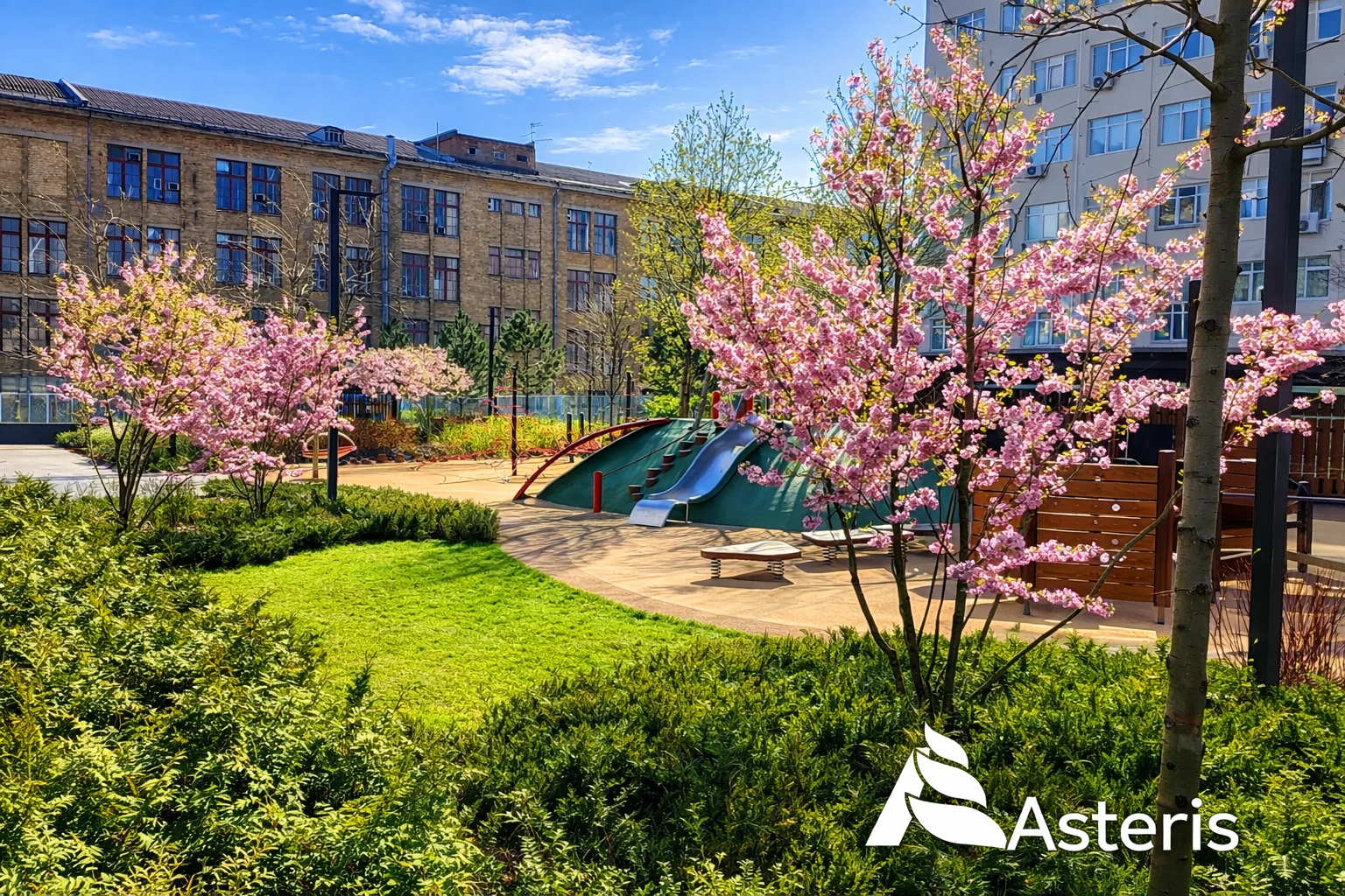 Озеленений двір житлового комплексу з дитячим майданчиком