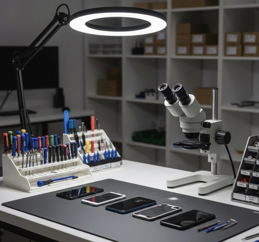 Робоче місце майстра з ремонту смартфонів у сервісному центрі