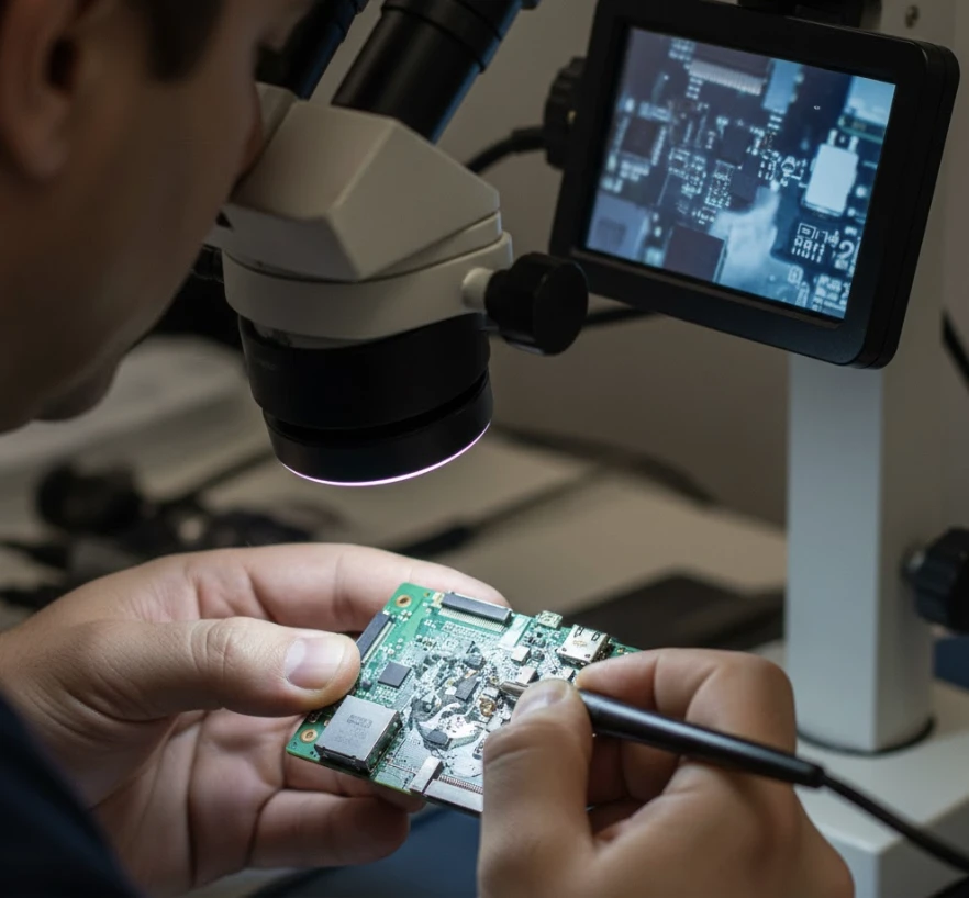 Майстер виконує мікропайку на платі смартфона під мікроскопом