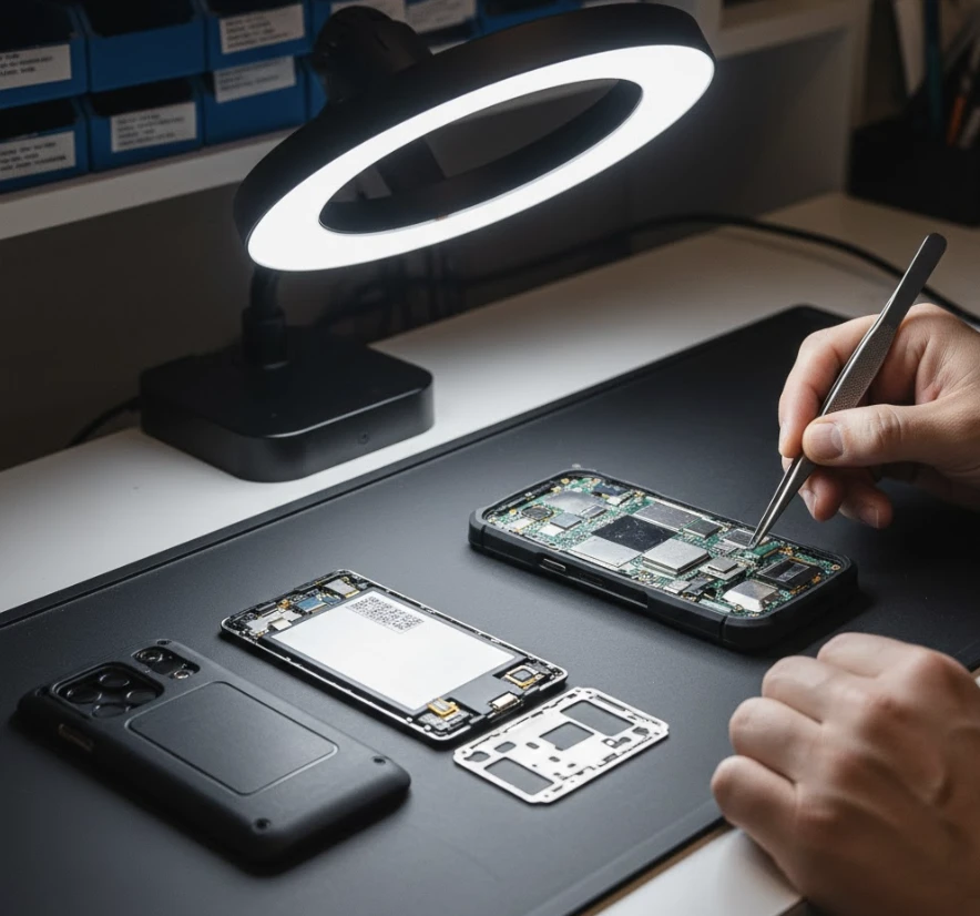 Защищенный смартфон в процессе ремонта с использованием оригинальных запчастей.