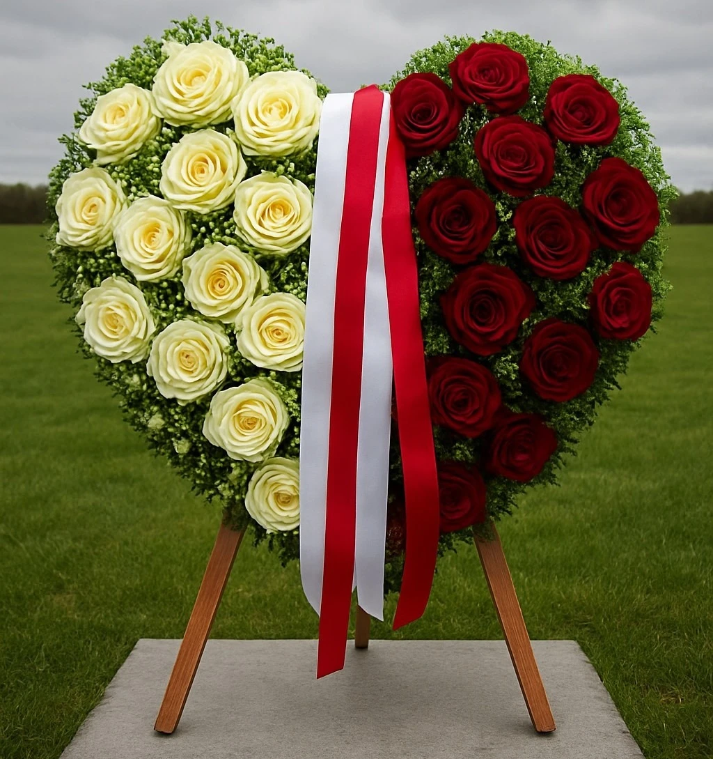 Klasyczny wieniec pogrzebowy w kształcie serca na niskich nóżkach