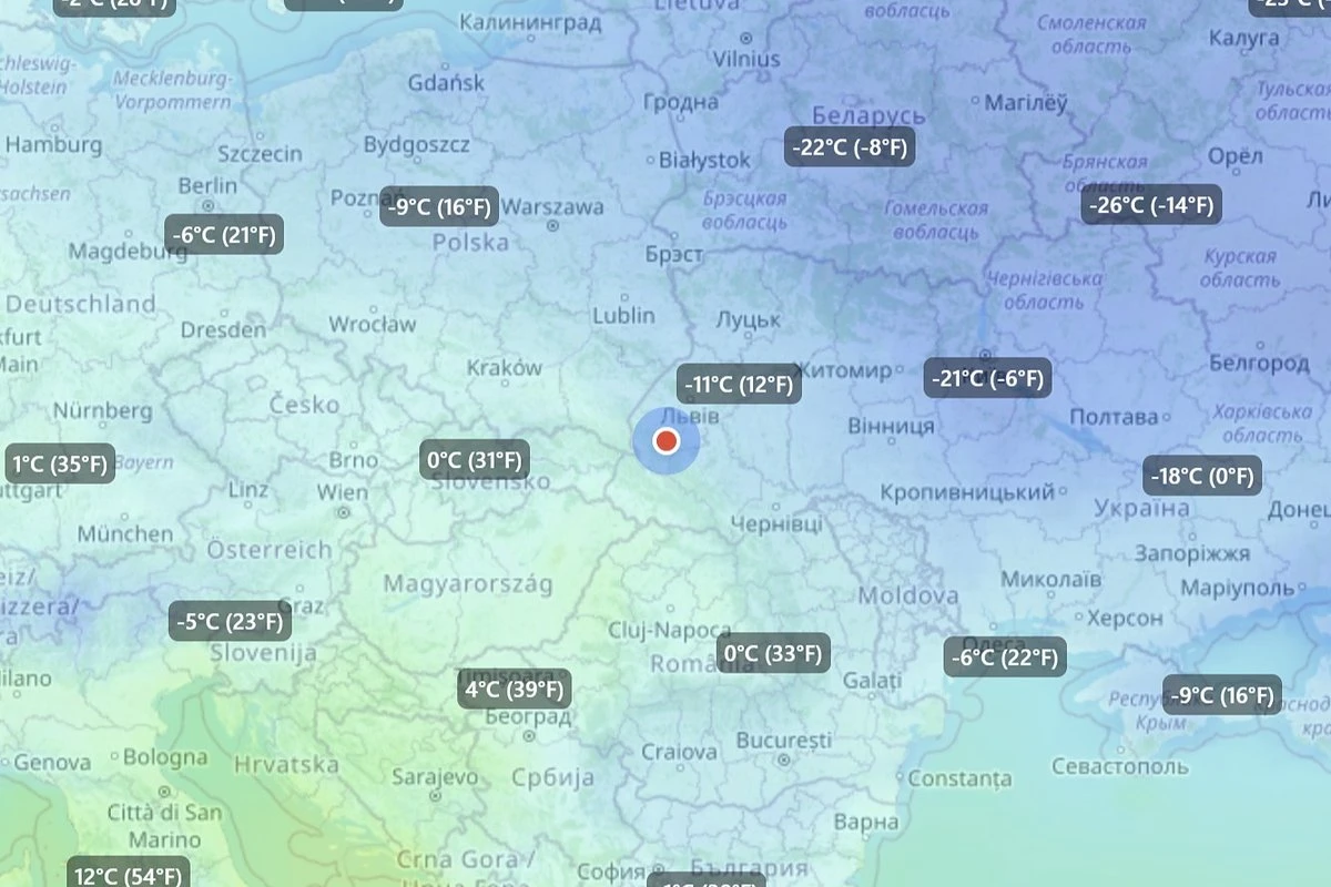 Мапа температур з центром у Дрогобичі