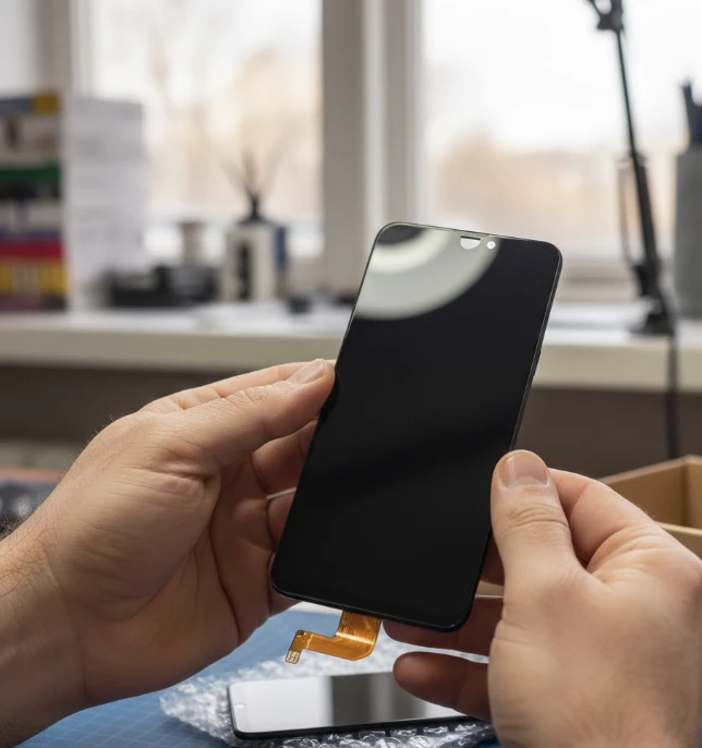 Тарас перевіряє якість дисплейного модуля перед встановленням