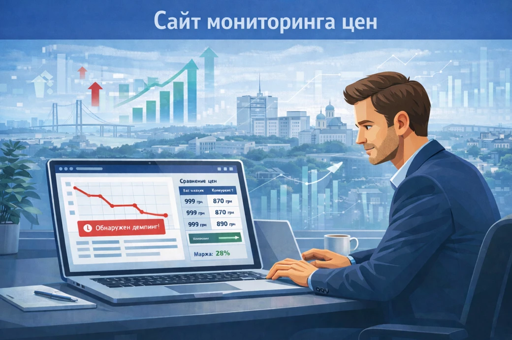 E-commerce менеджер анализирует сайт мониторинга цен: резкое падение цены конкурента, сигнал о демпинге и маржа.