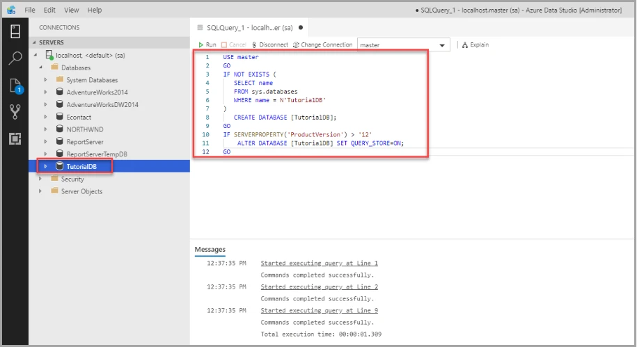 Azure Data Studio showing a SQL Server query editor with a script to create and configure a database, alongside the Object Explorer and execution messages.ย