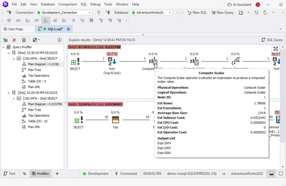 dbForge Studio for SQL Server showing Query Profiler with visual execution plans, operator costs, and detailed performance metrics for a SQL query.ย