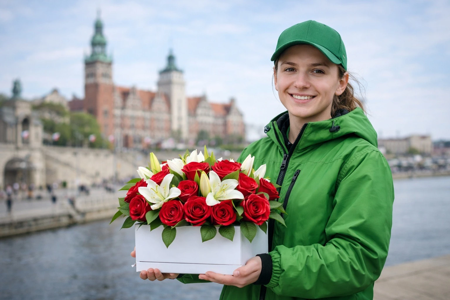 Kurier doręczający elegancki bukiet róż na terenie miasta.