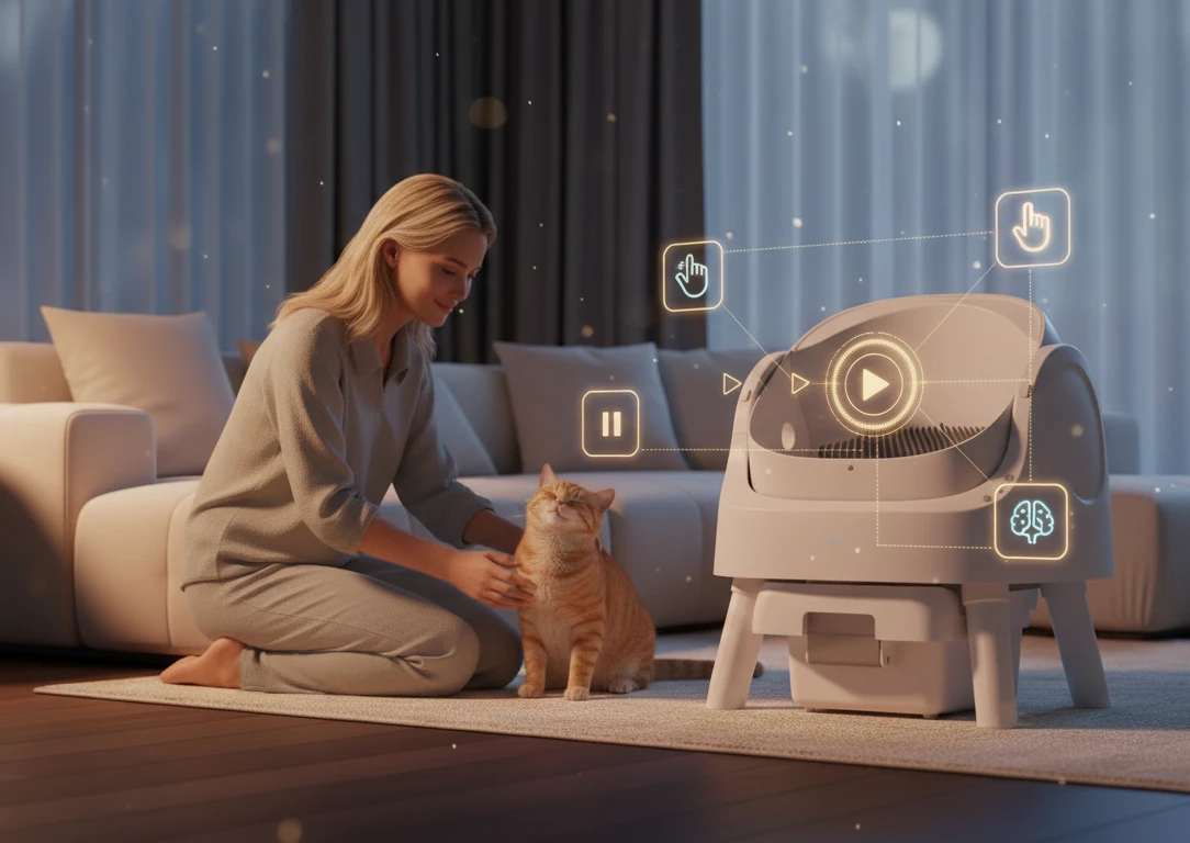 Happy cat owner with Petpivot AutoScooper 11 automatic litter box