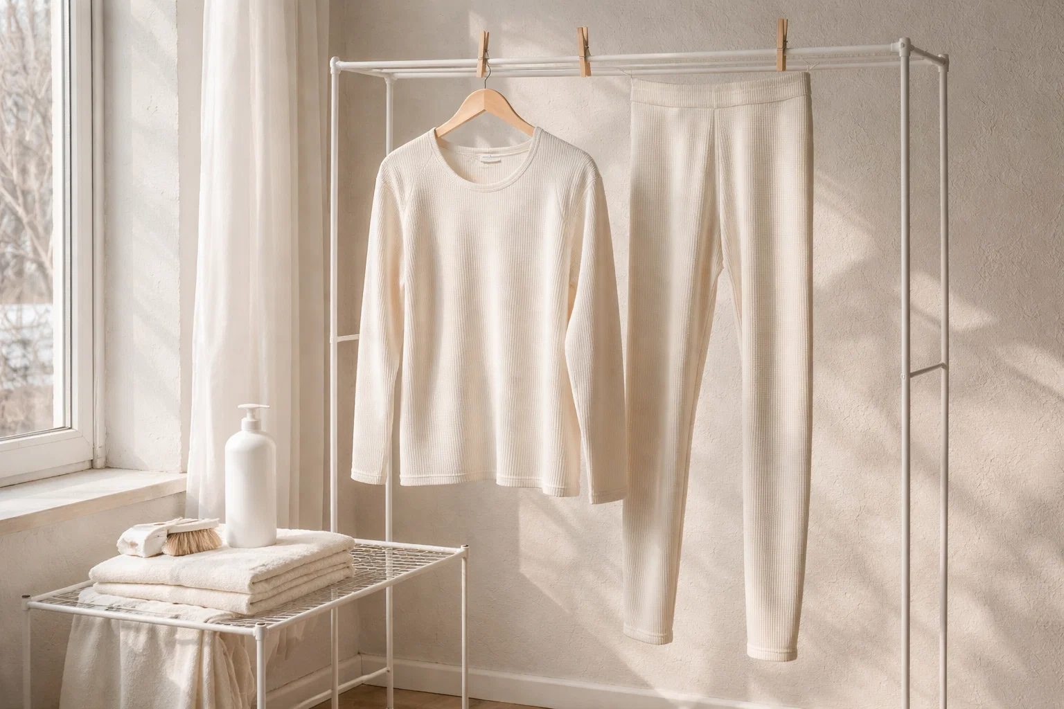 Термобілизна на чистій сушарці для білизни, поруч пляшка прального засобу без етикетки: делікатний догляд без перегріву