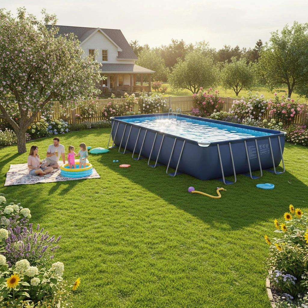 каркасний басейн Intex на дачній ділянці влітку