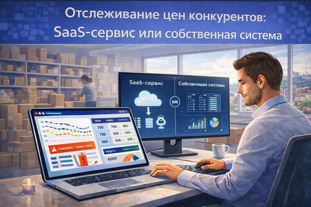Аналитик e-commerce сравнивает цены конкурентов на ноутбуке и мониторе: графики, таблицы магазинов и сравнение SaaS-сервиса и собственной системы.