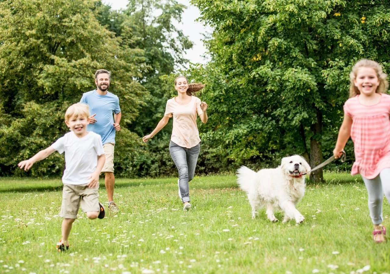 Сім’я з дітьми гуляє на природі &mdash; весняний відпочинок за містом для сімейних вихідних