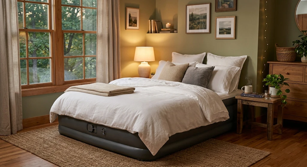 надувний матрац Intex у спальні біля вікна