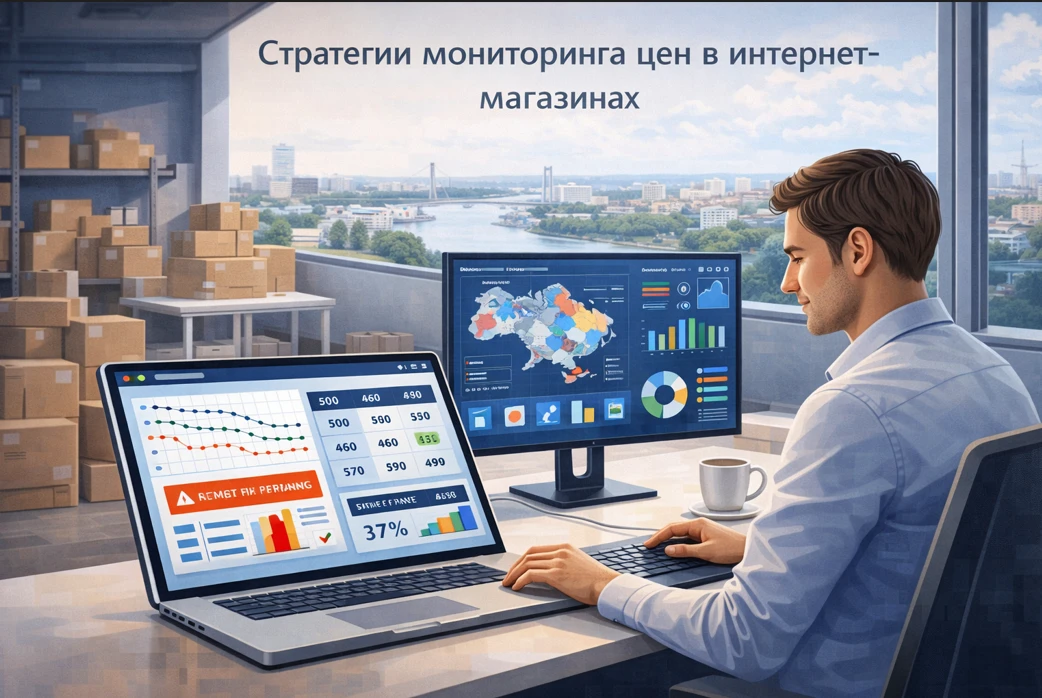 Аналитик интернет-магазина в Николаеве анализирует мониторинг цен: графики, таблицы конкурентов и дашборд рынка.