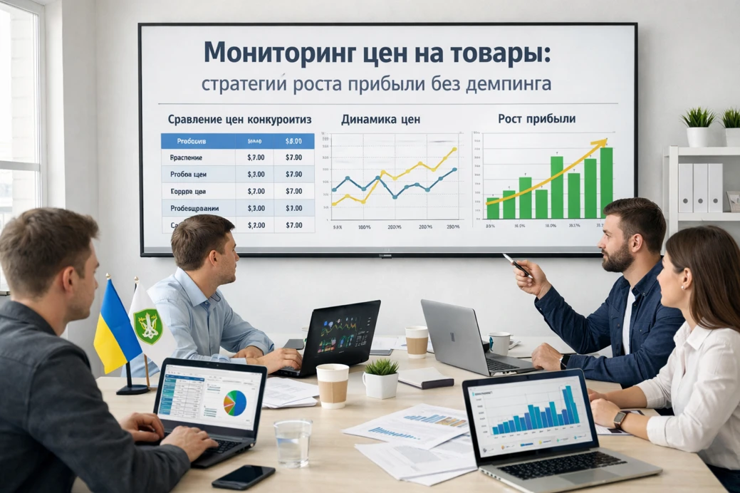 Команда e-commerce анализирует мониторинг цен на товары: графики, динамика цен и рост прибыли на экранах в современном офисе.