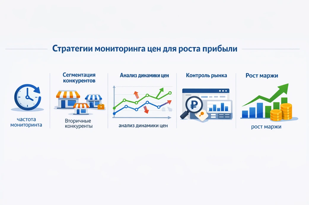 Инфографика: стратегии мониторинга цен в e-commerce — частота, сегментация конкурентов, анализ динамики и рост маржи
