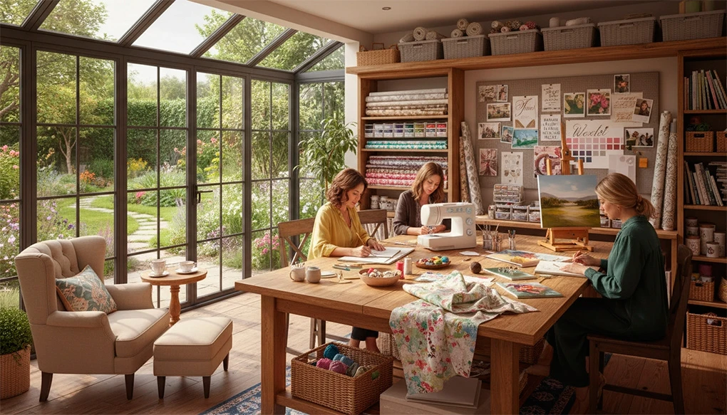 Creative hobby workshop and craft studio in garden room with organized storage for women's artistic projects