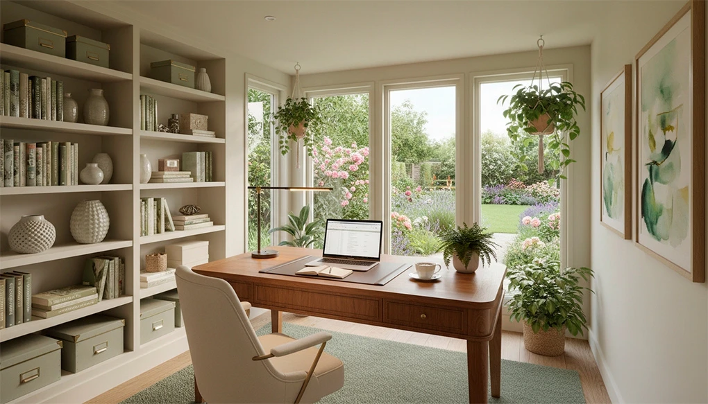 Professional home office setup in women's garden room with desk, laptop and natural lighting for remote work