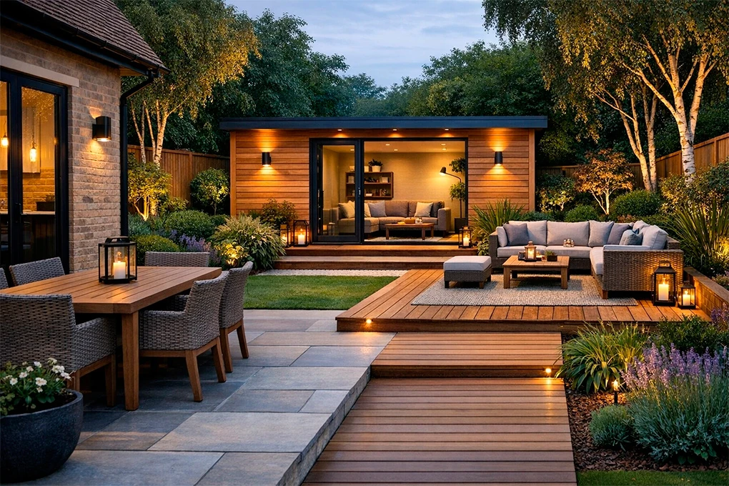 Cohesive outdoor living space with modern garden house and coordinated wooden furniture in UK garden