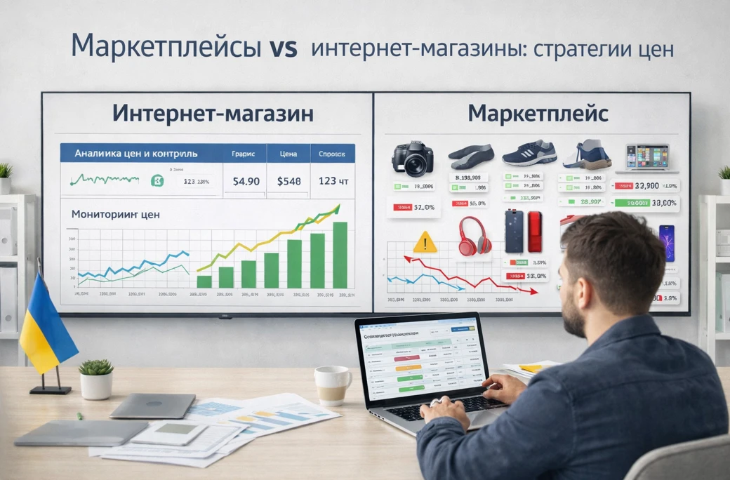 Предприниматель анализирует цены: слева интернет-магазин, справа маркетплейс с высокой конкуренцией и графиками цен.