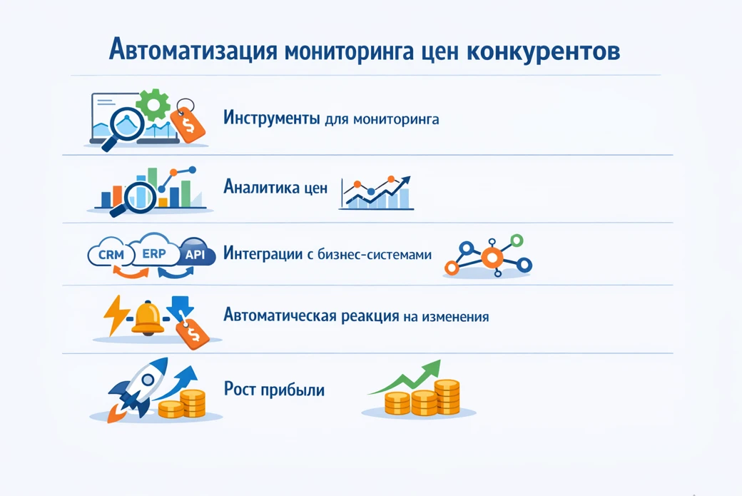 Инфографика: автоматизация мониторинга цен конкурентов — аналитика, интеграции, реакция на изменения и рост прибыли