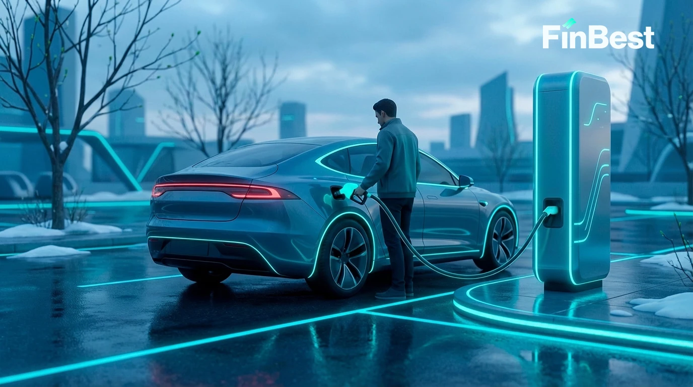 Футуристичний автомобіль заправляється на сучасній АЗС навесні, неонові бірюзові лінії на асфальті, водій заправляє авто з вимкненим двигуном &mdash; стилістика FinBest.