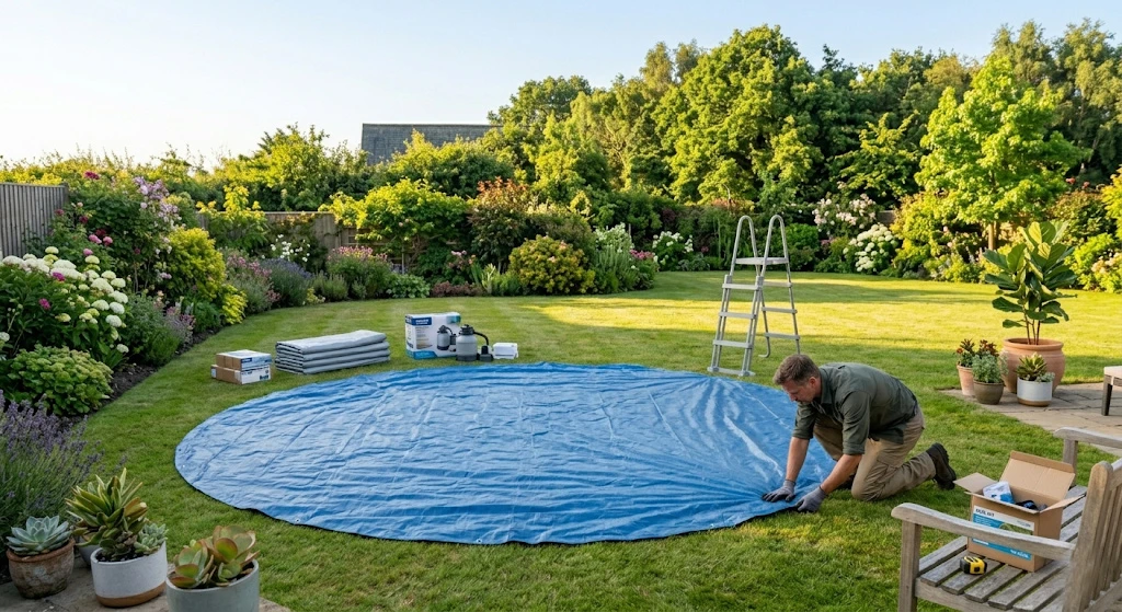 каркасний басейн з драбиною та тентом у дворі