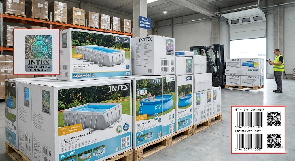 упаковка товаров Intex с голограммой подлинности