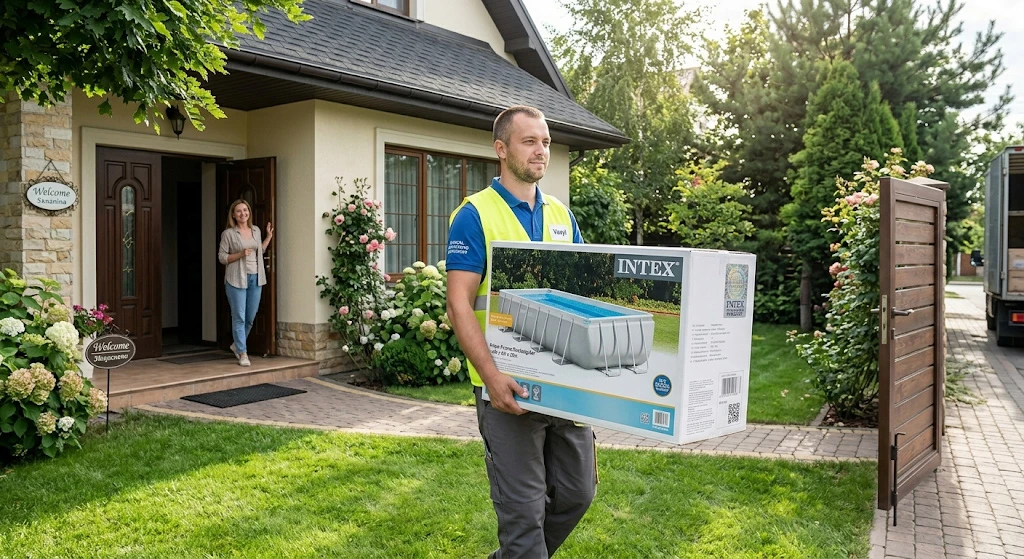 курьер доставляет коробку с бассейном Intex к дому