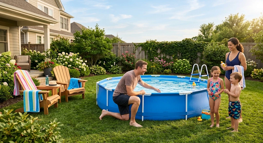 семья отдыхает возле каркасного бассейна среднего размера