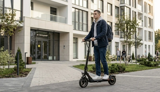 Xiaomi Electric Scooter Elite біля входу в сучасний житловий комплекс