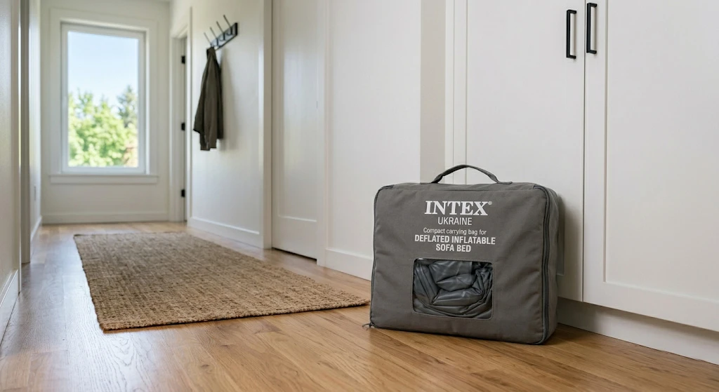 сложенный надувной диван-кровать в сумке для хранения