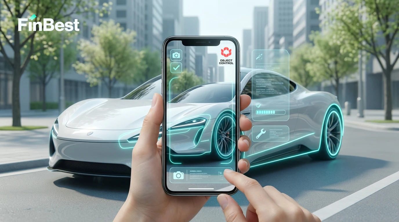 Ілюстрація дистанційного огляду авто: водій фотографує автомобіль через смартфон для оформлення онлайн КАСКО за допомогою технології Object Control на платформі FinBest. Візуалізація цифрового страхування та контролю стану автомобіля у 2026 році.