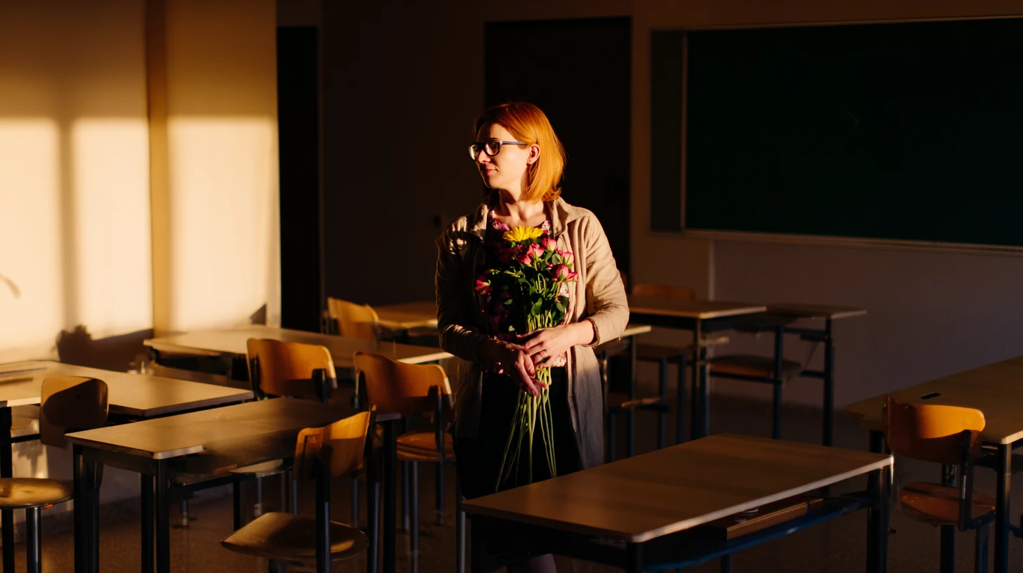 Вчителька з букетом у порожньому класі