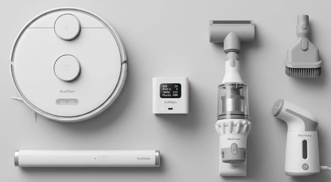 Array of smart home cleaning gadgets including robot vacuum, air purifier, and UV sanitizer wand on a modern living room table