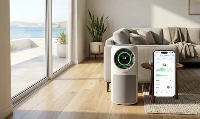 Modern smart air purifier showing indoor air quality metrics in a living room with upholstered furniture