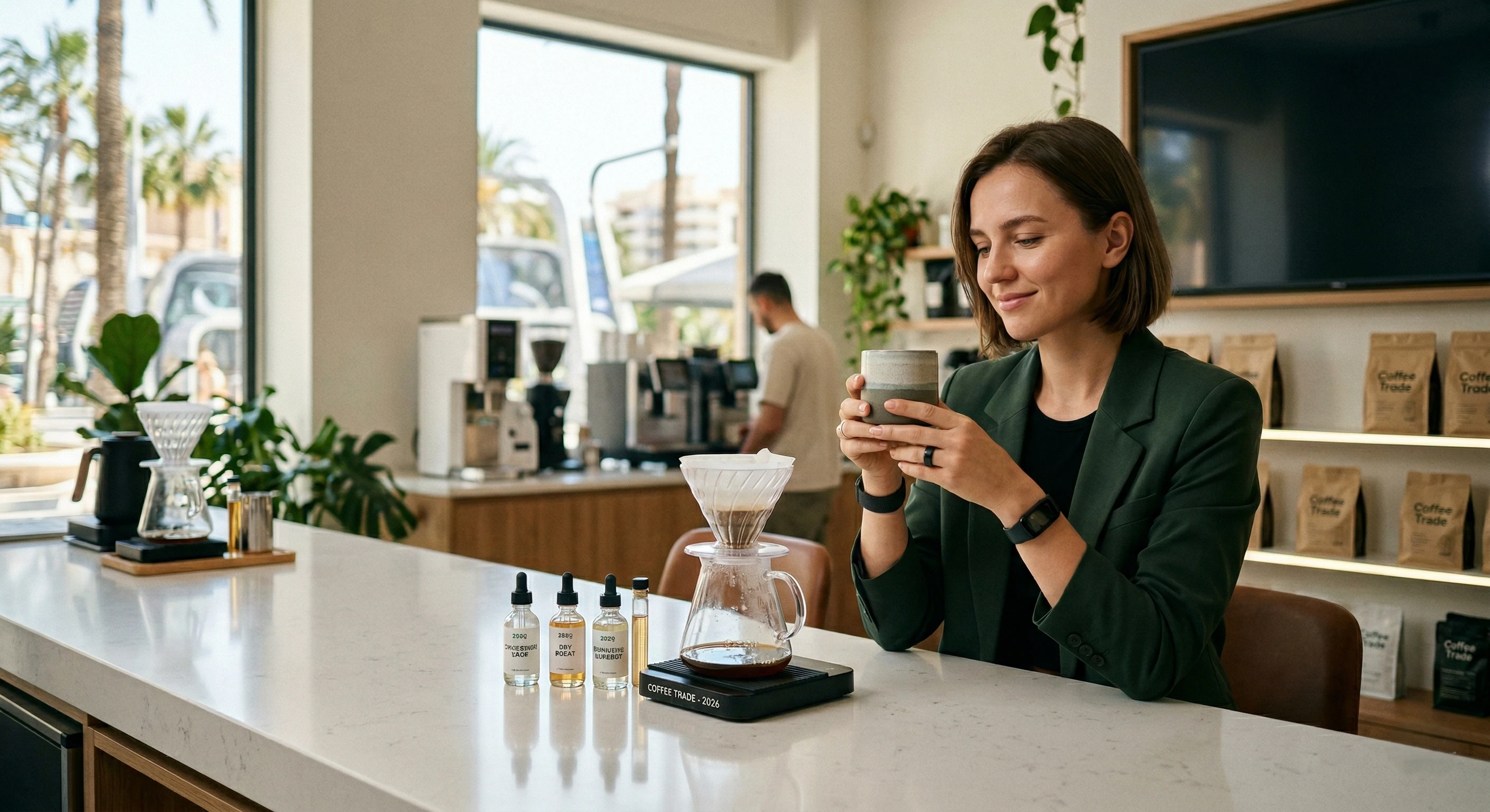Молода жінка посміхається, тримаючи чашку кави біля обличчя в сучасному інтер'єрі кав'ярні.