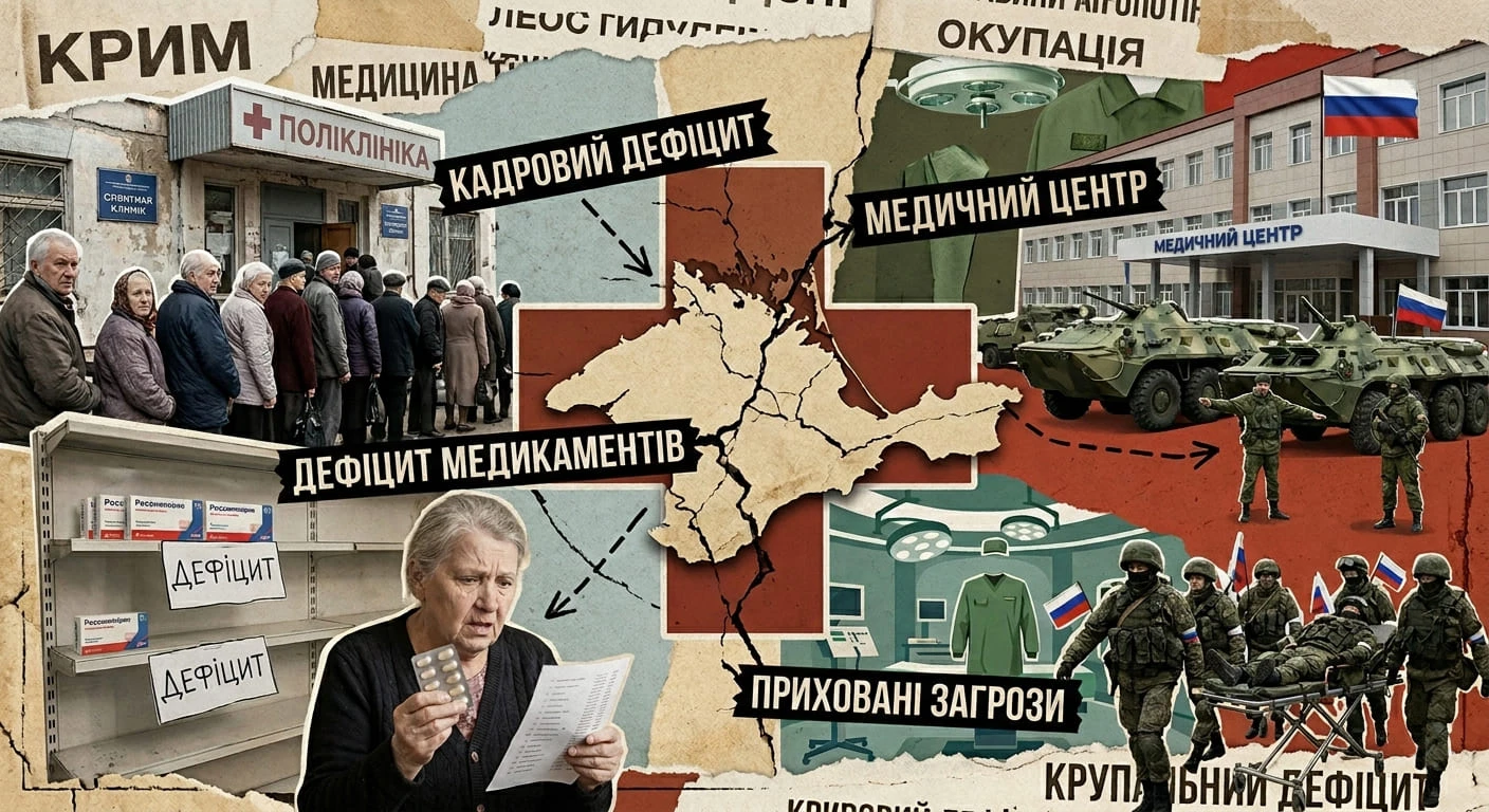 Колаж про кризу медицини в Криму: черги до поліклініки, порожні аптечні полиці та військові біля медцентру. Згенеровано ШІ.