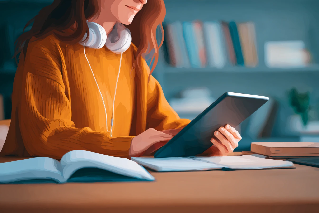 Учениця в помаранчевому светрі з планшетом