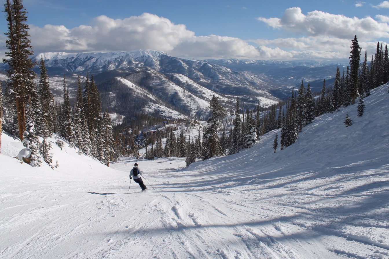 Лижник спускається засніженим гірським схилом