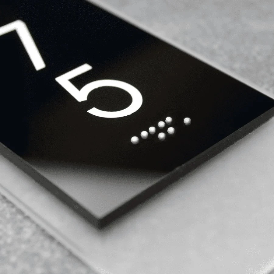 ADA room number sign 15, black acrylic door sign with tactile Braille