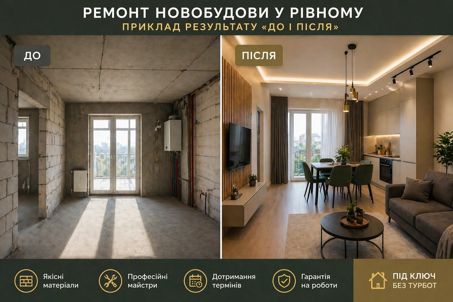ремонт новобудови у Рівному до і після — приклад результату під ключ 2026