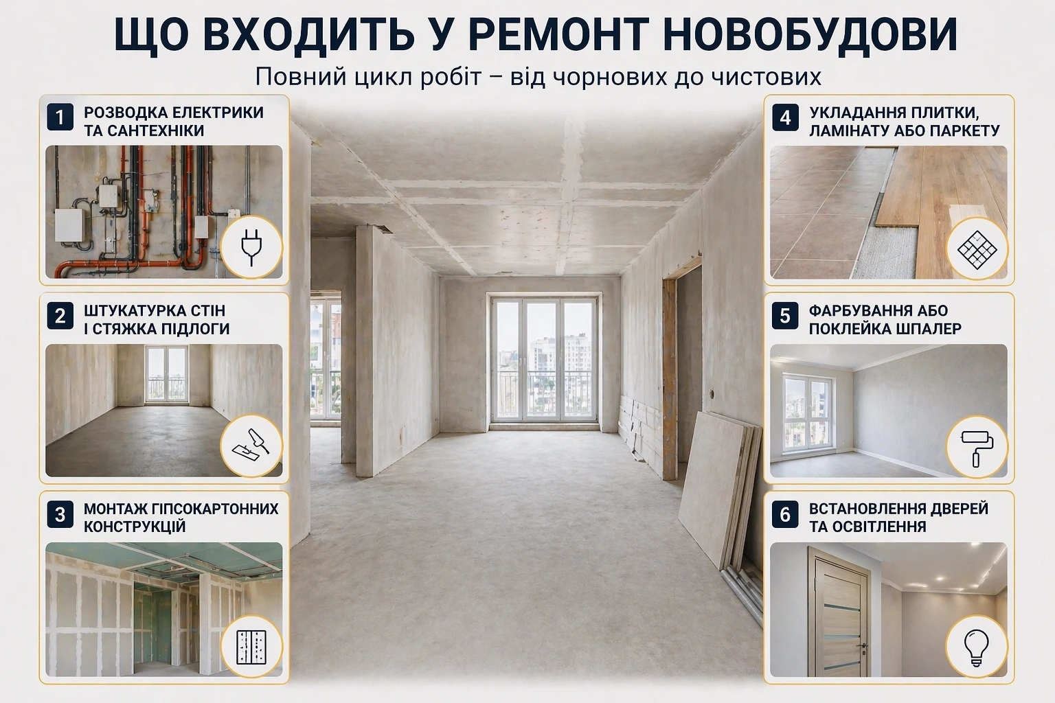 що входить у ремонт новобудови у Рівному — електрика, штукатурка, гіпсокартон, підлога, оздоблення та двері