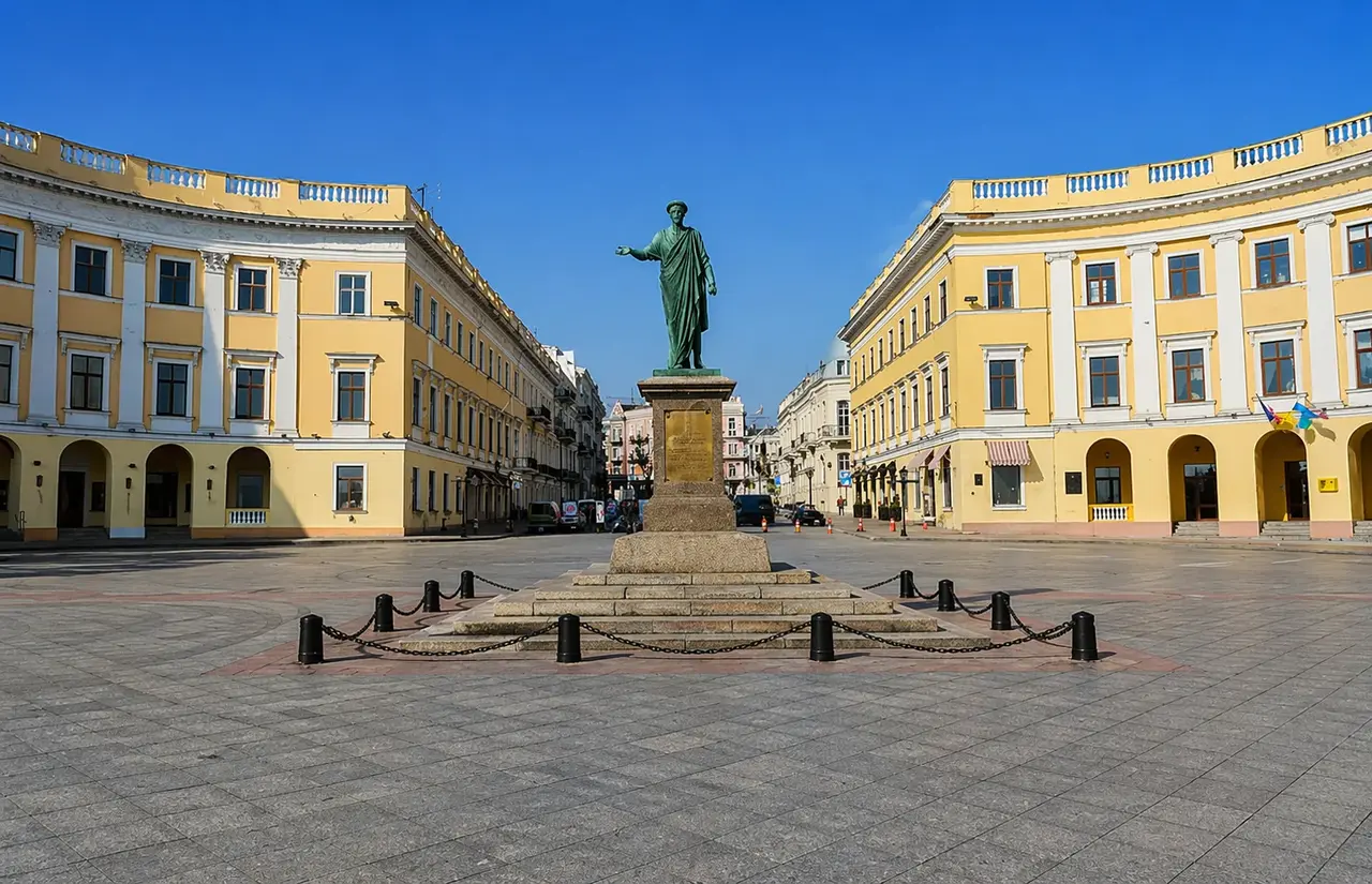 Сонячна площа в центрі Одеси з історичною забудовою та пам’ятником — символ ліквідної локації, де нерухомість стабільно зберігає цінність і приваблює інвесторів.
