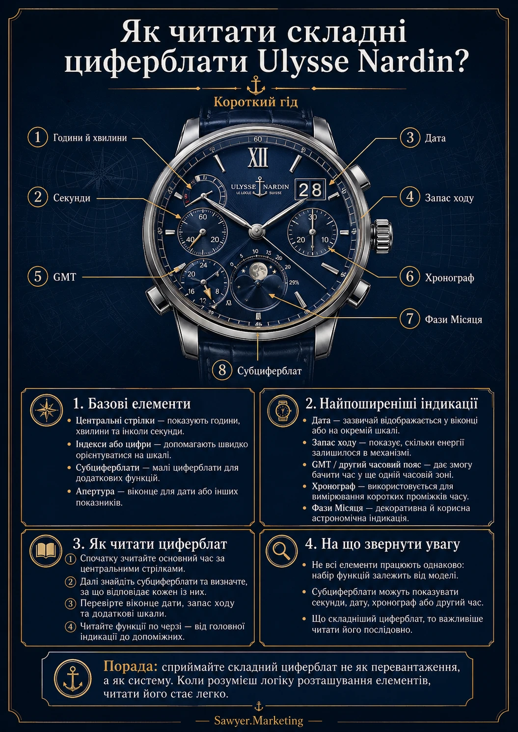 Інфографіка "Як читати складні циферблати Ulysse Nardin"