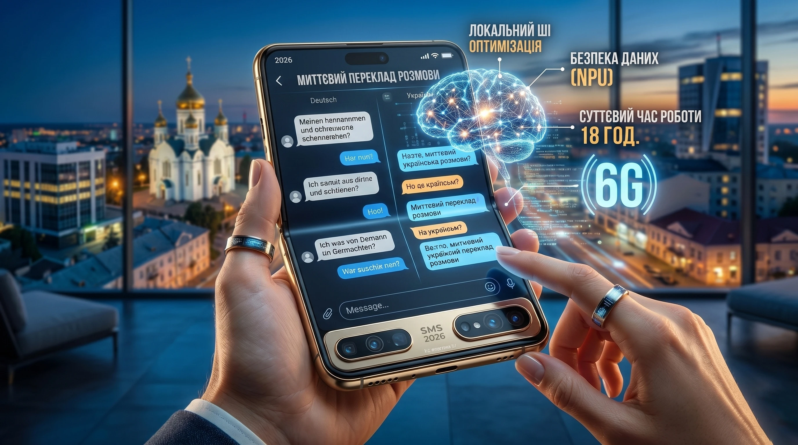 Крупный план рук, держащих смартфон SMS Market 2026 с активным интерфейсом мгновенного перевода разговора с немецкого на украинский. Голографические данные показывают работу локального ИИ и NPU, автономность 18 часов. Пример использования новых технологий перед тем, как купить смартфон.