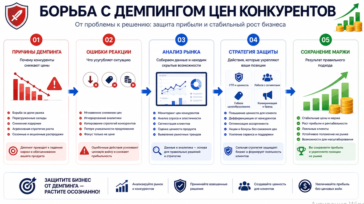 Инфографика: борьба с демпингом — причины, ошибки реакции, анализ рынка и защита маржи