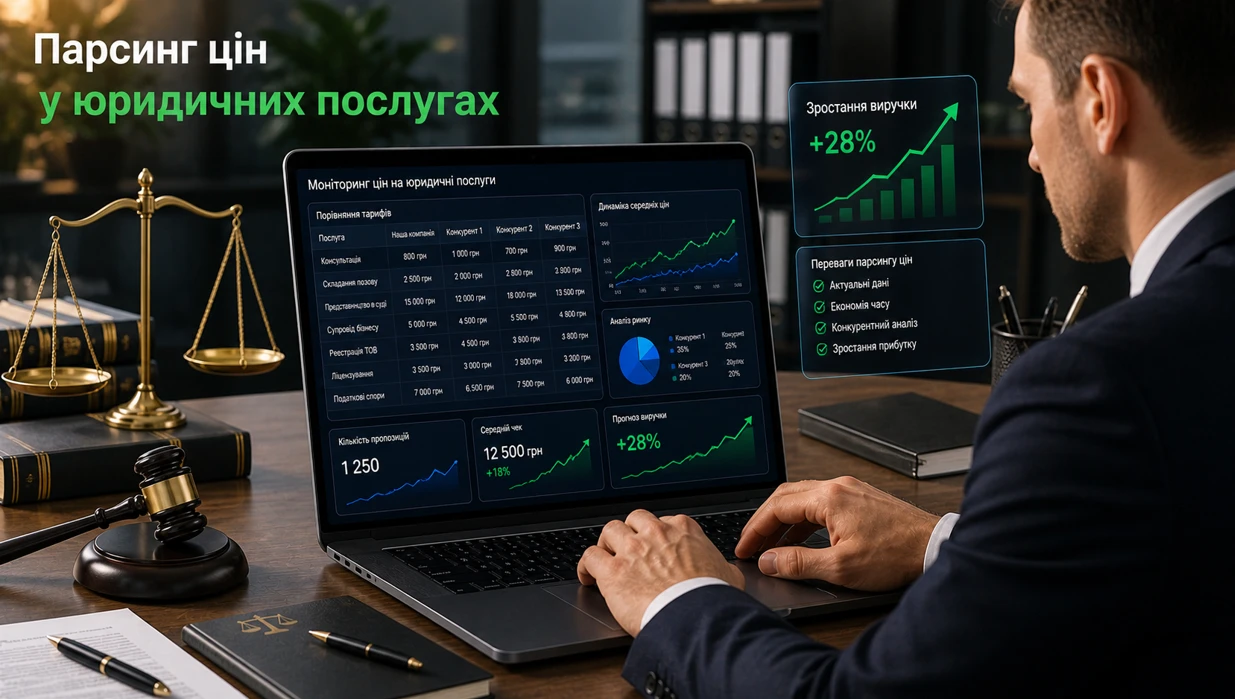 Юрист працює за ноутбуком, на екрані аналіз цін на юридичні послуги, графіки та зростання виручки.