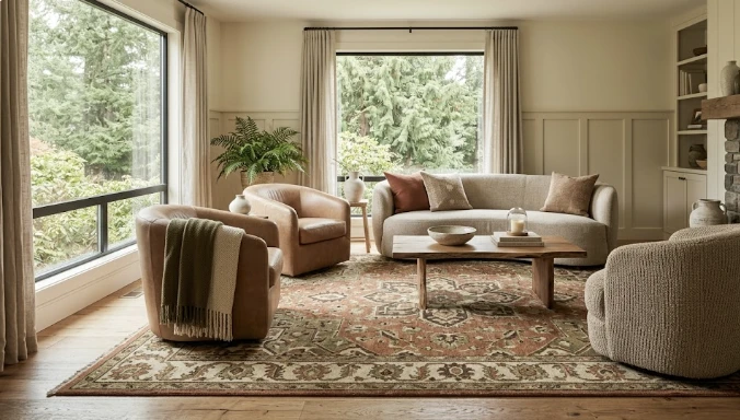 Area rug in a Bothell WA home entrance showing signs of heavy foot traffic and moisture from the Pacific Northwest rainy season — illustrating why professional cleaning matters
