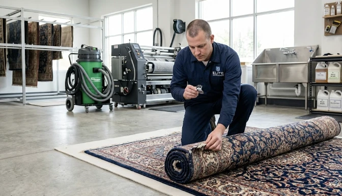 Professional technician deep-cleaning a large wool area rug in a Bothell WA facility using industrial extraction equipment — thorough fiber-level cleaning